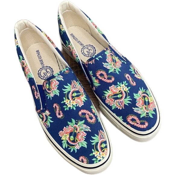 SUN SURF Japan Hawaiian Ukulele Lei Floral Printed Canvas Slip On Shoes - Picture 1 of 12